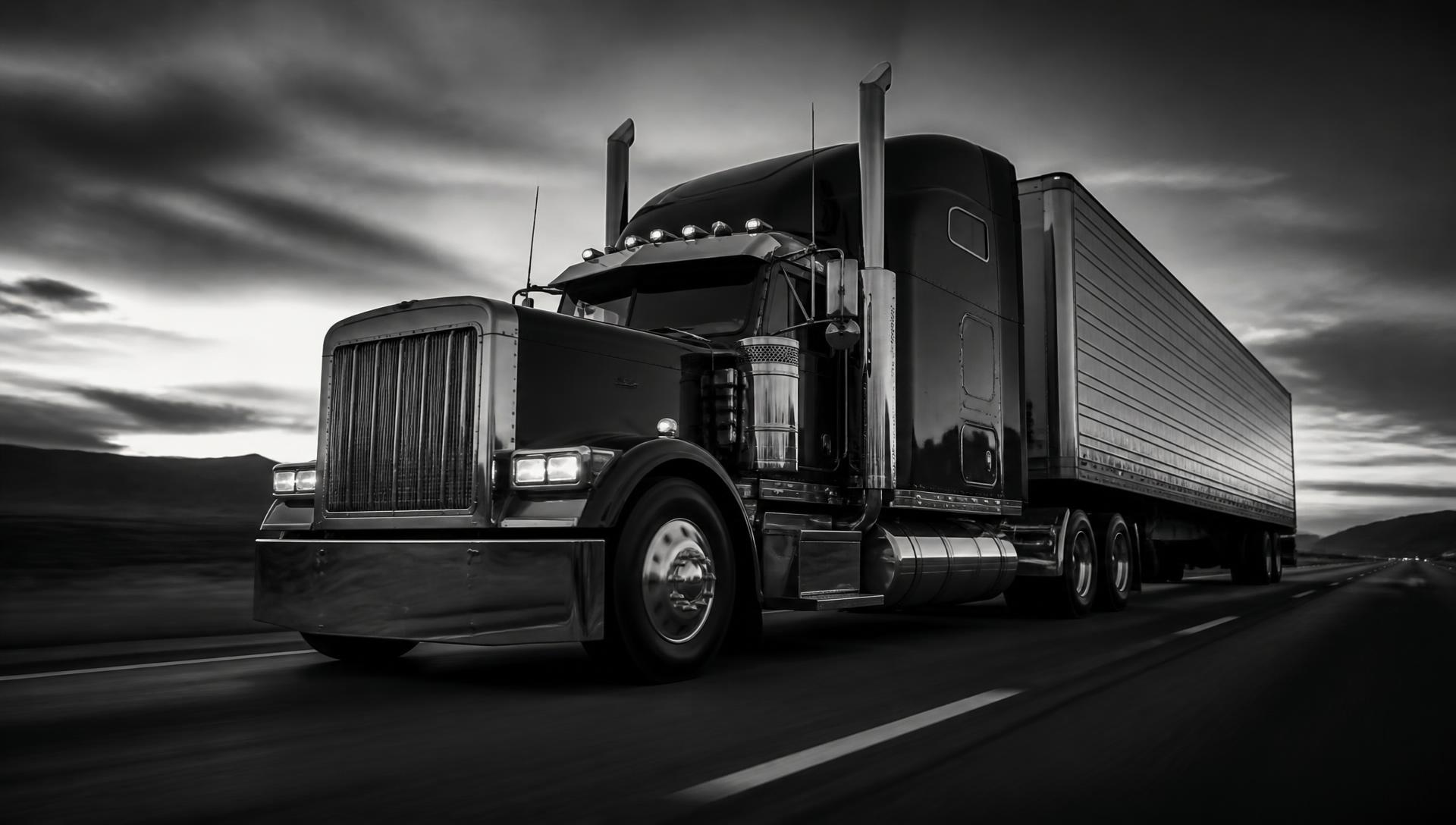 Semi truck speeding down an open Australian highway at dusk